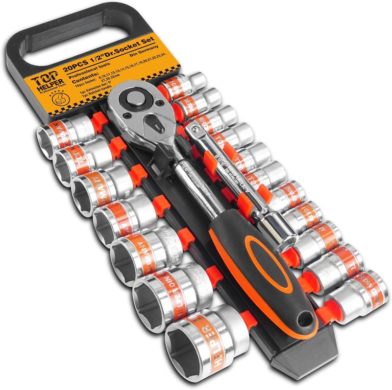 pgroup 20 PCS 1/2" Drive Metric Socket Wrench Set,1/2 Reversible Ratchet Handle，6 Point Shallow Sockets (8-32mm) and Extension Bar 5", CR-V Steel, Car Repair Set - Image 1